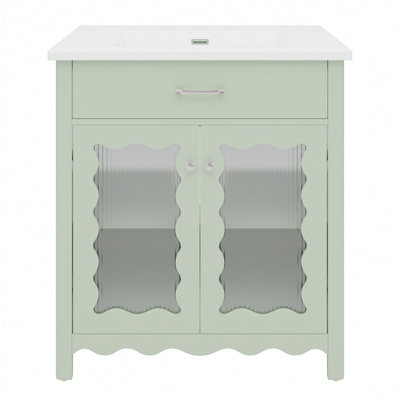 Meuble-lavabo de 30 pouces avec verre trempé, conception moderne, portes à fermeture en douceur et lavabo en céramique durable de couleur verte