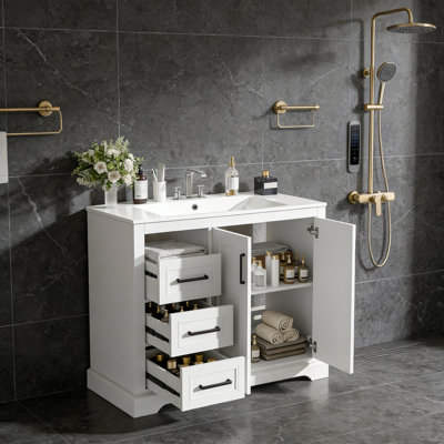 Meuble-lavabo avec lavabo en céramique, tablette réglable et 3 tiroirs