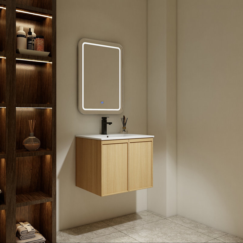 Meuble-lavabo flottant 24 po avec lavabo, armoire en chêne clair et portes à fermeture en douceur 24 po, 24"