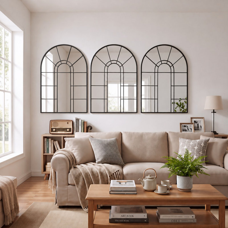 105 x 70 cm Arched Window Pane Mirror Metal Framed Wall Mirror Overmantel Mirror for Living Room Hallway Dining Room & Bedroom