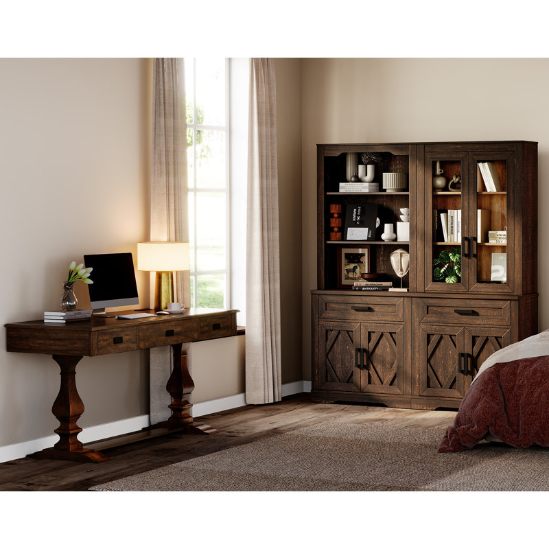 Modern Farmhouse Office Set, Vintage Desk & 73.3" Glass Door Bookcase – Premium Home Office Shelving Units With Power Hub, Espresso Brown
