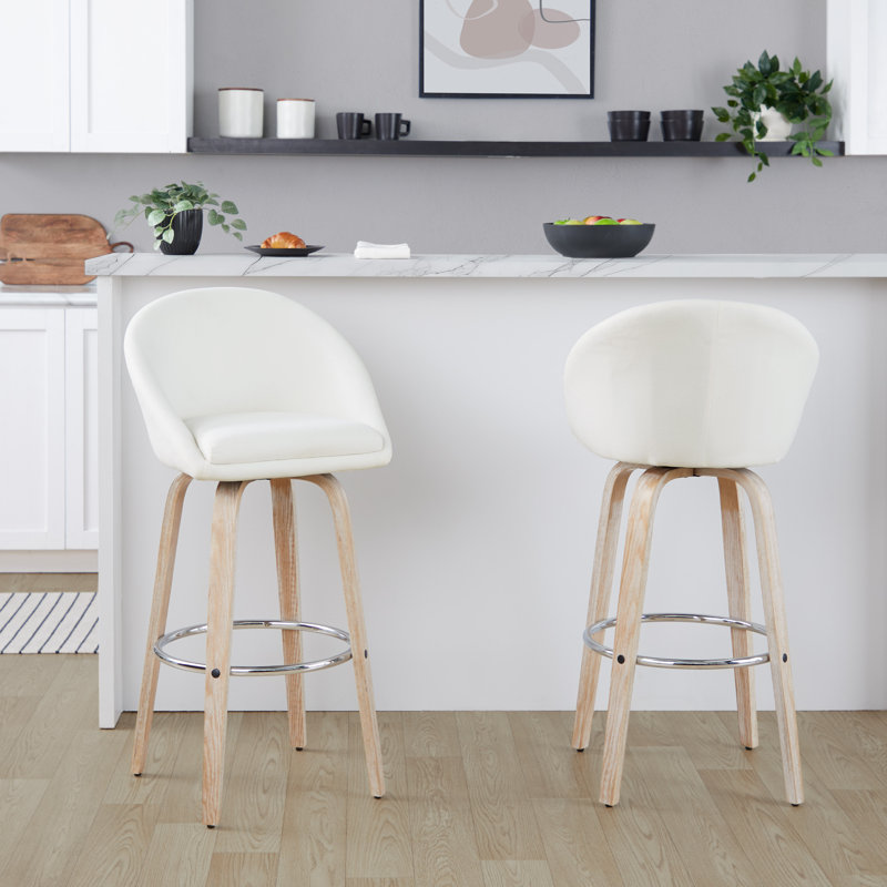 Maddison 30" High Back Fixed-Height Bar Stools With Bent Wood Legs & Round Footrest, White Washed/Chrome, Cream