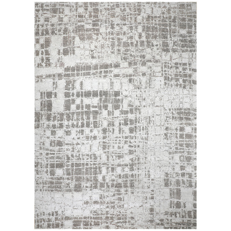 Tapis rectangulaire en laine / soie noué à la main ivoire / gris, Rectangle 6 pi x 9 pi