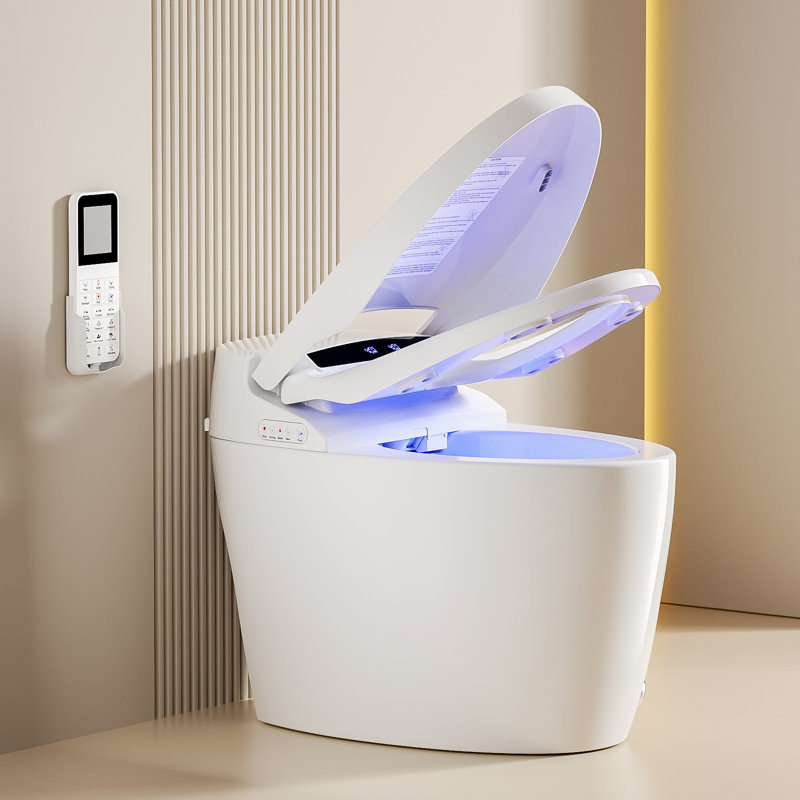 Toilette intelligente, sans réservoir, avec réservoir d'eau chaude et sécheuse, fonctionnement à capteur de pied, bidet avec siège chauffant intelligent avec affichage à DEL Fahrenheit intégré