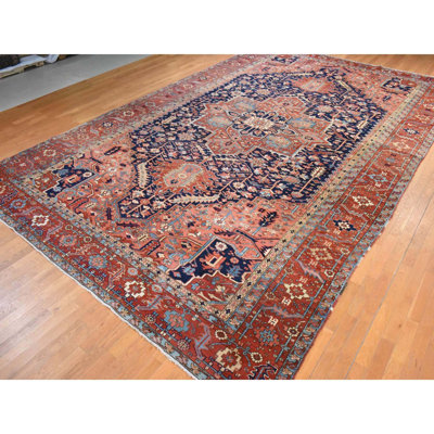 Tapis bleu marine perse antique de 11 pi 7 po x 19 pi Karajeh Heriz, motif médaillon, propre, velours uniforme et sans usure, excellent état, noué à la main, 100% laine, très grand tapis oriental, très grand