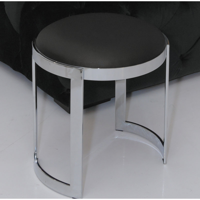 Nouri Metal Accent Stool, Black Faux Leather, Silver 