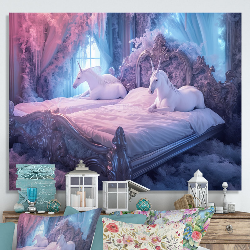 Lit de licorne gracieuse I sur toile, H 16 po x l 32 po x P 1 po, Toile tendue