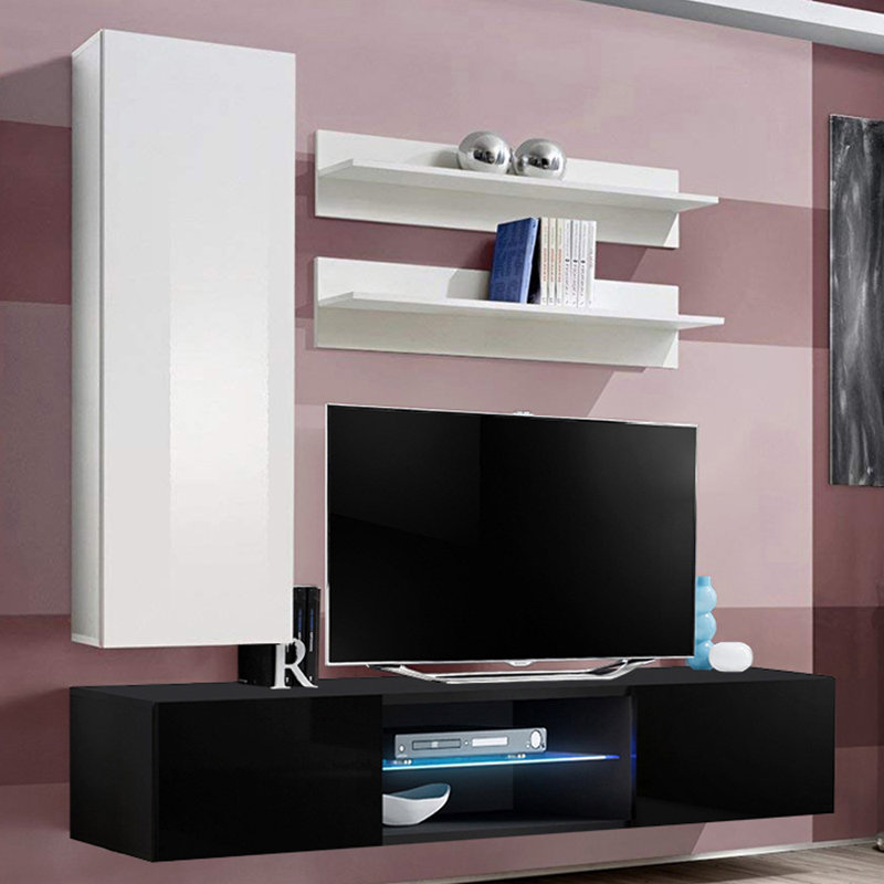 Leung 63" Modern Floating Wall Mounted Entertainment Center with 16-Color LED Lighting, High Gloss Finish, White/Black