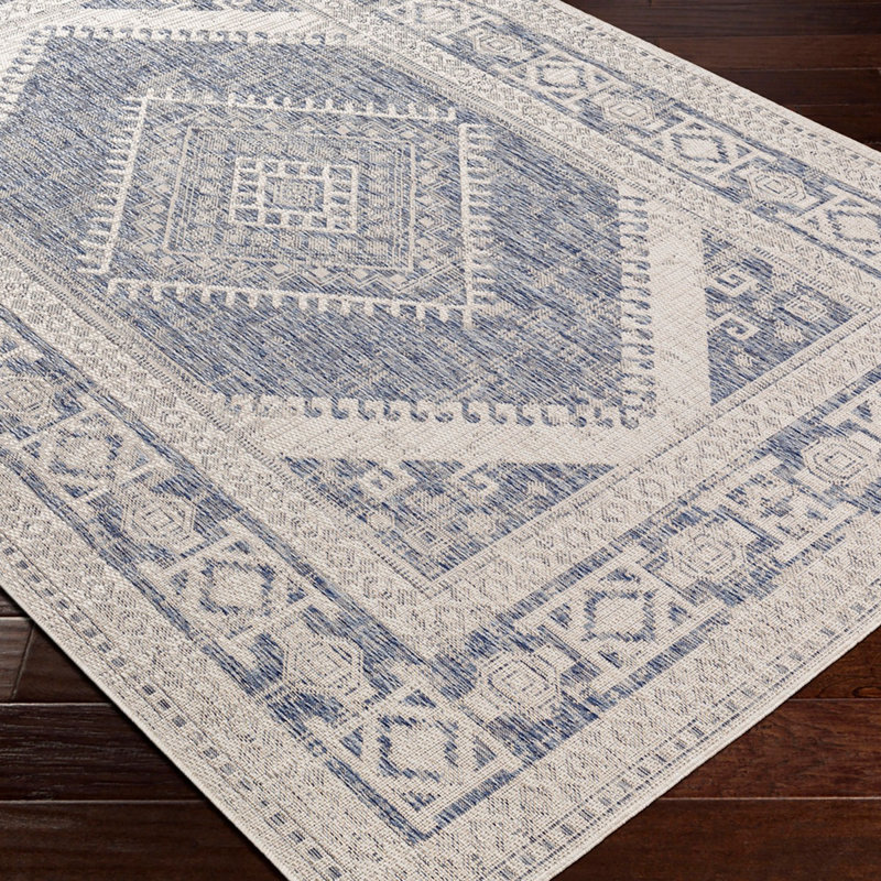 Navy Traditional Outdoor Rug, Bordered Stain Resistant Rug For Patio, Balcony, Decks & Garden, Rectangle 120 x 170 cm