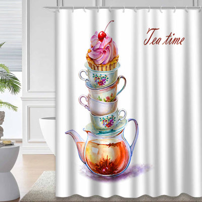 Fête colorée, tasse à thé, soucoupe, petit gâteau, aquarelle avec 12 crochets