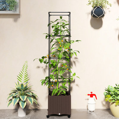 Lit de jardin surélevé avec treillis, cage à tomates 71,7 po avec roues verrouillables, jardinière à arrosage automatique avec trous de drainage et bouchons pour plantes grimpantes, vignes, légumes, fleurs, brun
