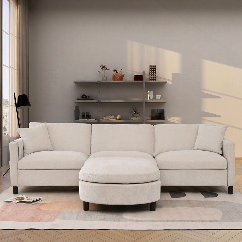 Canapé d'angle 107,87 po avec pouf, coussins d'assise et de dossier amovibles, Beige Polyester, Beige