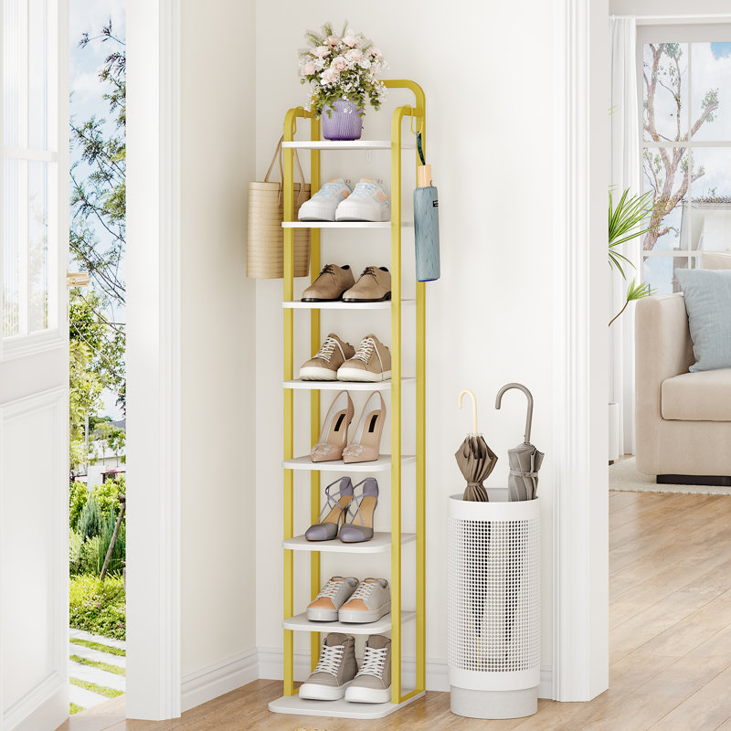 Range-chaussures vertical à 8 niveaux, tour à chaussures étroite, étagère à chaussures haute avec 2 crochets, tablettes réglables, étagères à chaussures de coin pour petits espaces, vestibule, salon, or blanc