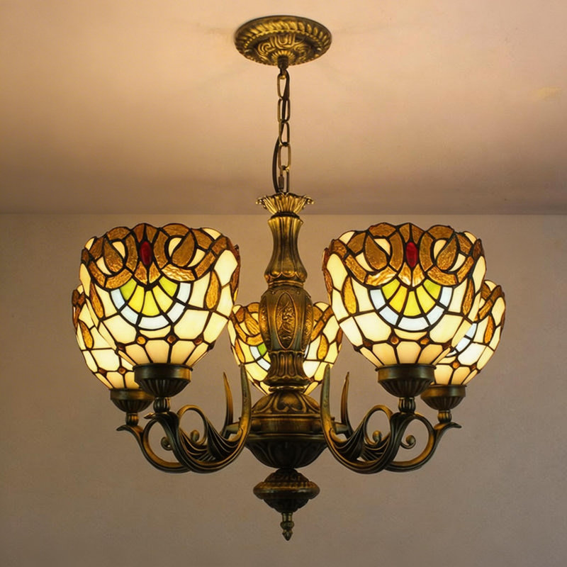 Luminaire suspendu style dôme en verre coloré 5 lumières Tiffany
