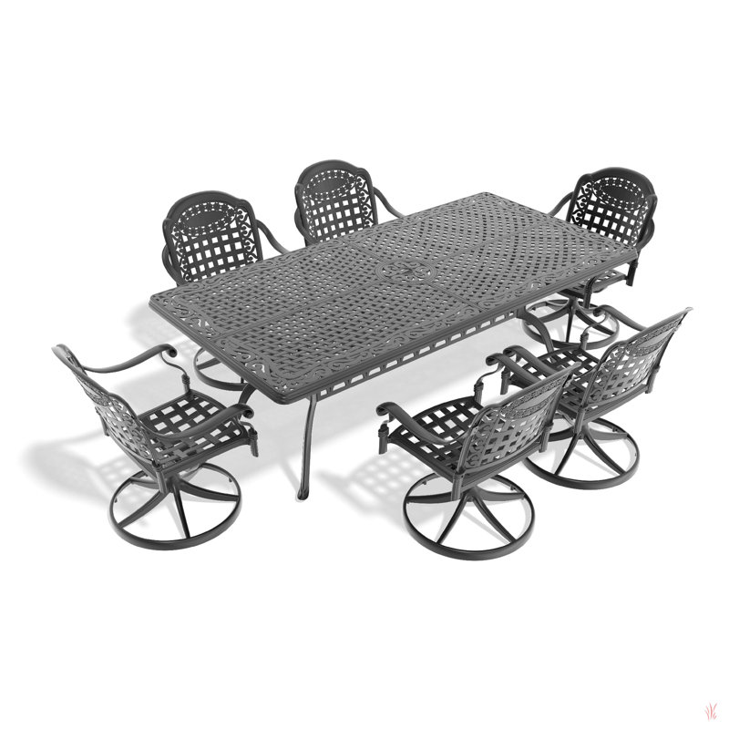 All-Weather Cast Aluminum Dining Set, Include Swivel Chairs And Round Table With Black Frame, 6