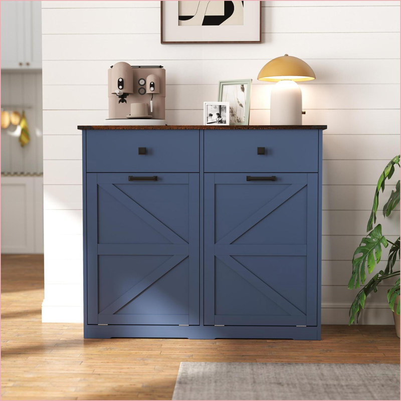Trash Cabinet, Farmhouse Antique Blue Tilt-Out for 2x10 Gallon Bins with 2 Drawers, Free Standing Storage for Kitchen Laundry | Blue | Farmhouse