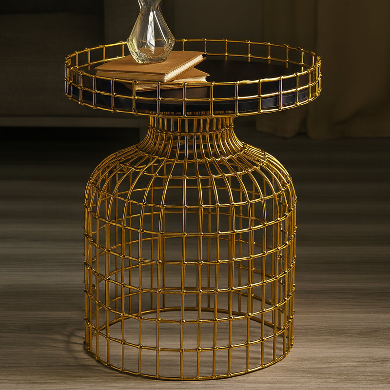 Table d'appoint | Cage à oiseaux ronde dorée | 18,5 x 18,5 x 23 po