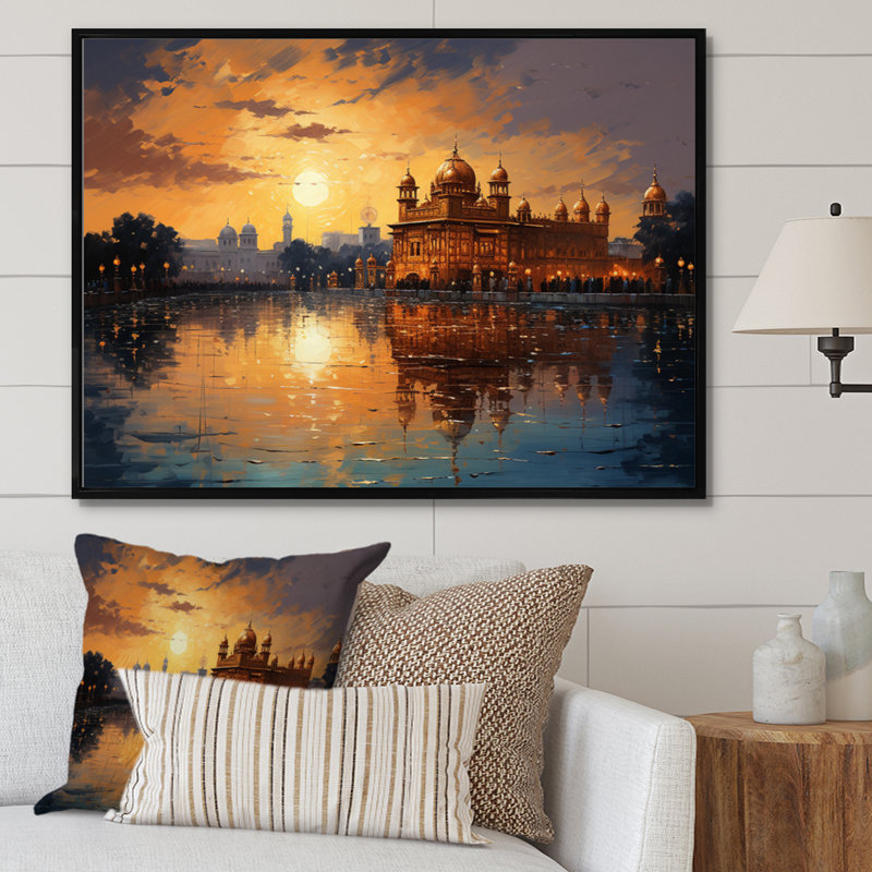 Golden Temple II On Canvas Print, 34" H x 44" W x 1.5" D, Black Floater Framed