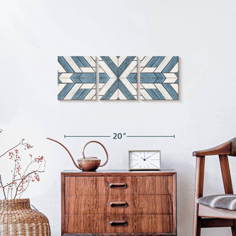 Motif de carreaux géométriques en bois sur toile, 3 pièces, H 26 po x l 8 po