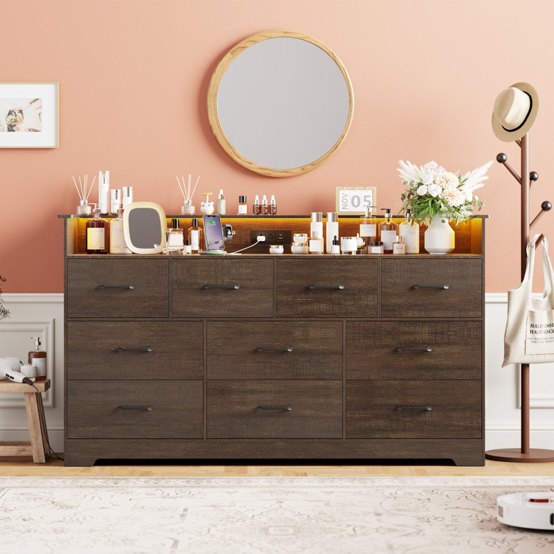 10 Drawer Dresser for Bedroom - 65”Wide Chest of Drawers with Large Storage Space and Charging Station, Modern TV Stand Organizer Cabinet with Open Shelf Table for Living Room, Hallway, Dark