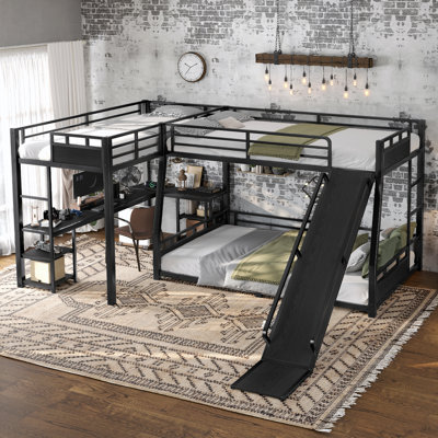 Lit superposé triple en L en forme de L, plateau double TG, lit double, lit mezzanine simple TG, bureau, tablettes, USB, glissière, noir