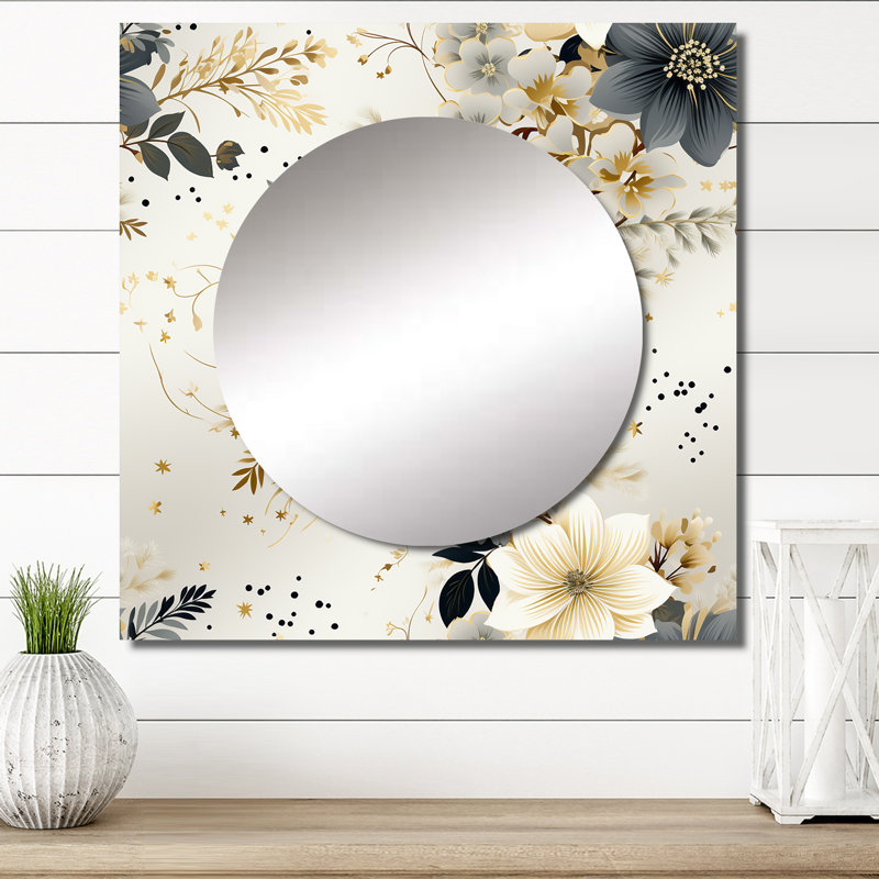 Miroir fougère à fleurs géométriques gris et beige, 23 po x 23 po