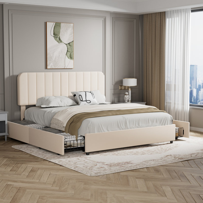 Huntsville 4-Drawer Velvet Upholstered Platform Bed, Beige, King