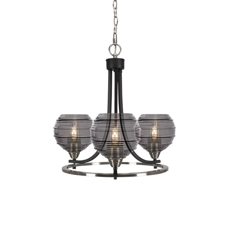 Bookham Paramount 3 Light Uplight Chandelier With 6" Ribbed Glass, Matte Black/Brushed Nickel, Clear