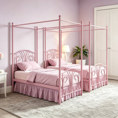 Set Of 2 Twin Metal Canopy Bed Frame With Headboard And Storage, Modern Kids Platform Bed Frame