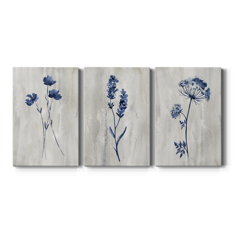 Indigo Botanical I - ensemble de 3 reproductions sur toiles tendues, H 48 po x l 96 po x P 1 po