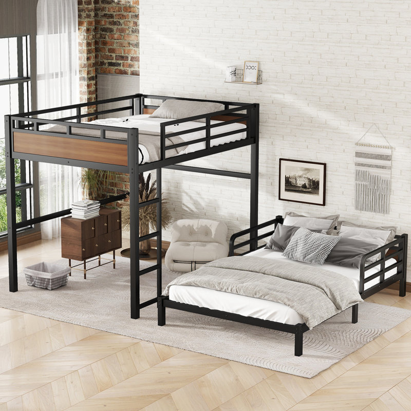Full XL over Full XL Metal Bunk Bed with Safety Guardrails – Loft & Platform Bed, Walnut-Colored, Walnut