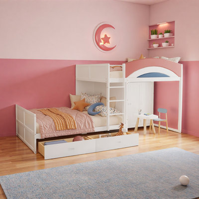 Bunk Bed With Upholstered Guardrail, Drawers, Wardrobe And Built-in Hanging Rod