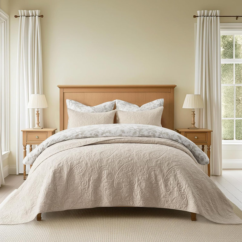 Paisley 100% Cotton Quilt Set 3 Pieces, Flax Beige, Oversized King Quilt + 2 King Shams