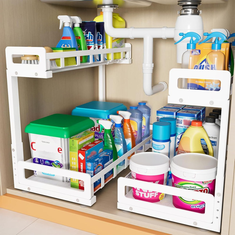 2-Pack 2-Tier Under Sink Pull-Out Organizer, Heavy-Duty Metal Sliding Storage For Kitchen Or Bathroom