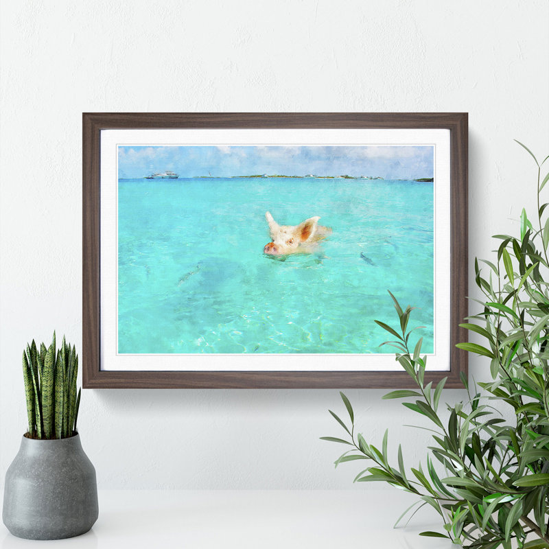 Swimming Pig - Picture Frame Painting, 48cm H x 65cm W x 2cm D, Walnut Framed