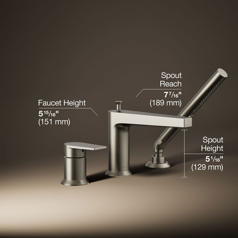 Robinet de baignoire romaine monocommande à fixation sur le comptoir avec inverseur Taut, Nickel brossé éclatant
