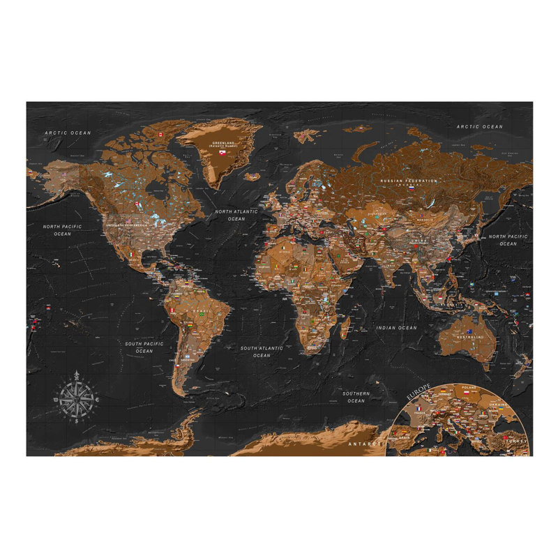 Peel and Stick World Map Wall Mural - World Map With Flags - Removable Wall Decals, 110.2" L x 154.3" W