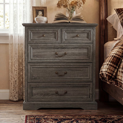 Elegant Bedside Cabinet With 5 Drawers & Woodgrain Finish