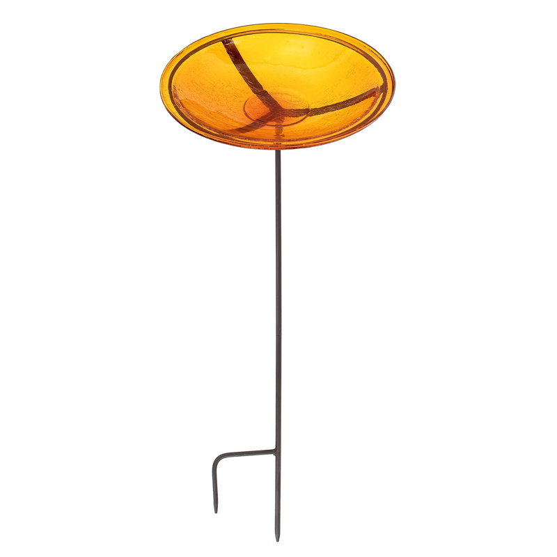 Mandarin Crackle Glass Birdbath with Bronze Stake, 14 Inch