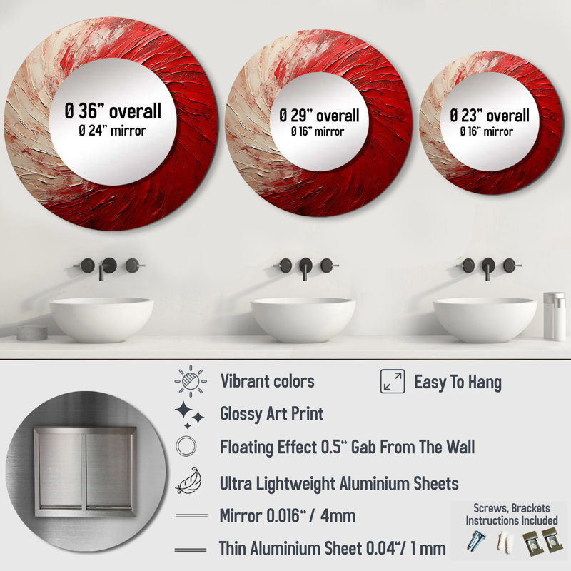 Red And White Whimsical Whirl Spiral - Abstract Spirals Decorative Mirror, Modern Round Wall Mirror, Printed Metal Art
