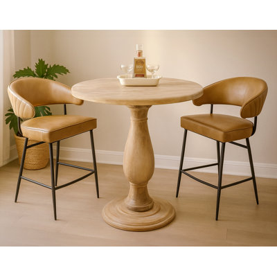 Darlo 36" Counter Table Set With 2 Barrett Counter Chairs In Caramel Authentic Leather