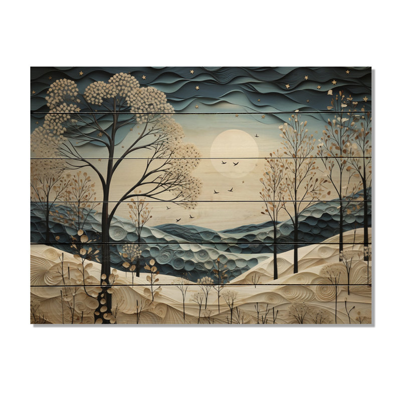 Pointillisme hivernal scandinave moderne bleu et blanc III sur bois, H 30 po x l 40 po x P 0,78 po
