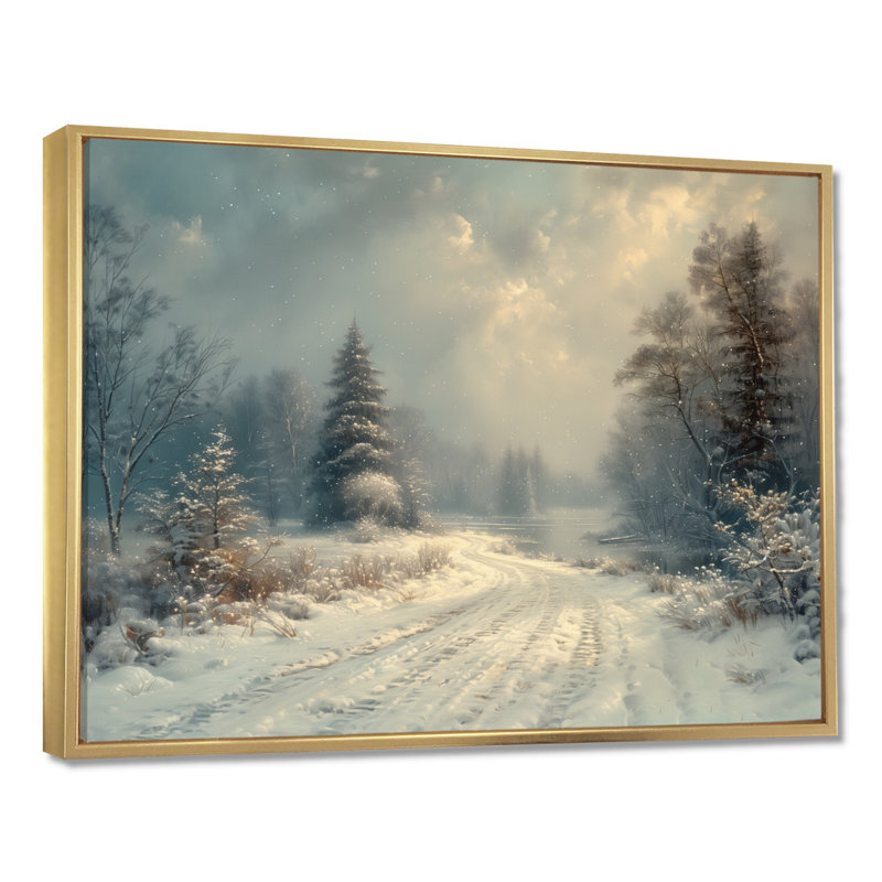 «White Grey Winter route into forest III - Winter Landscape», art mural sur toile, Cadre flottant doré, H 16 po x l 32 po