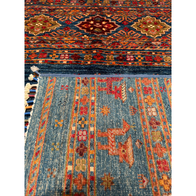 Tapis bleu original en laine et coton noué à la main