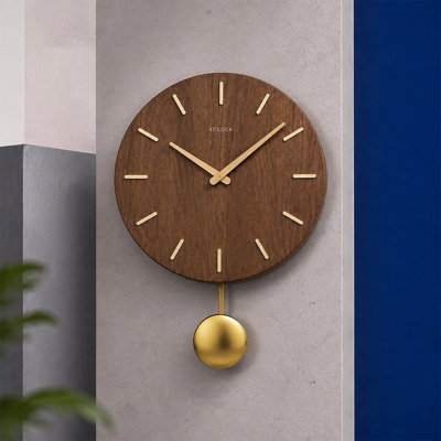 Walnut Finish Solid Wood Pendulum Wall Clock with Line Markers