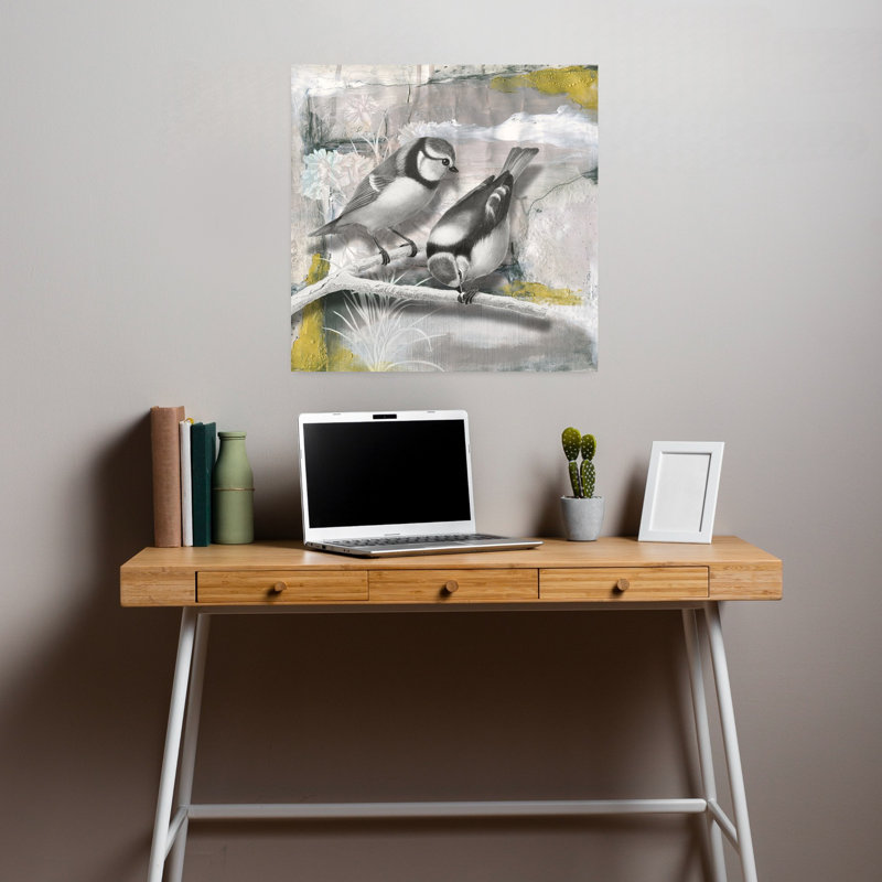 «Nature in Mixed Media», art abstrait rétro, oiseau, nature, H 18 po x l 18 po