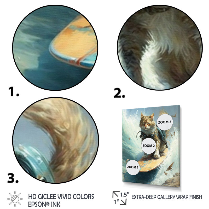 " Cat Surfing I ", 12" W x 20" H, Gold Floater Framed Canvas