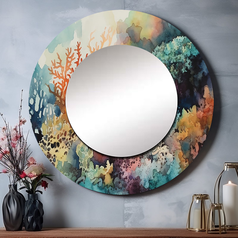 Prinsh Vibrant Coral Reef I - miroir mural de plage, miroir décoratif rond moderne, impression d'art en métal, 23 po x 23 po