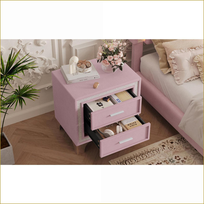 Table de chevet Mid-Century en velours avec 2 tiroirs Pieds en métal, rose, Rose