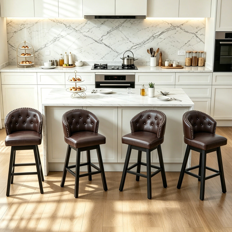 Aadhvika Upholstered BarStools with Solid Wood Frame, Bar Stool (28" Seat Height), Brown/Faux Leather